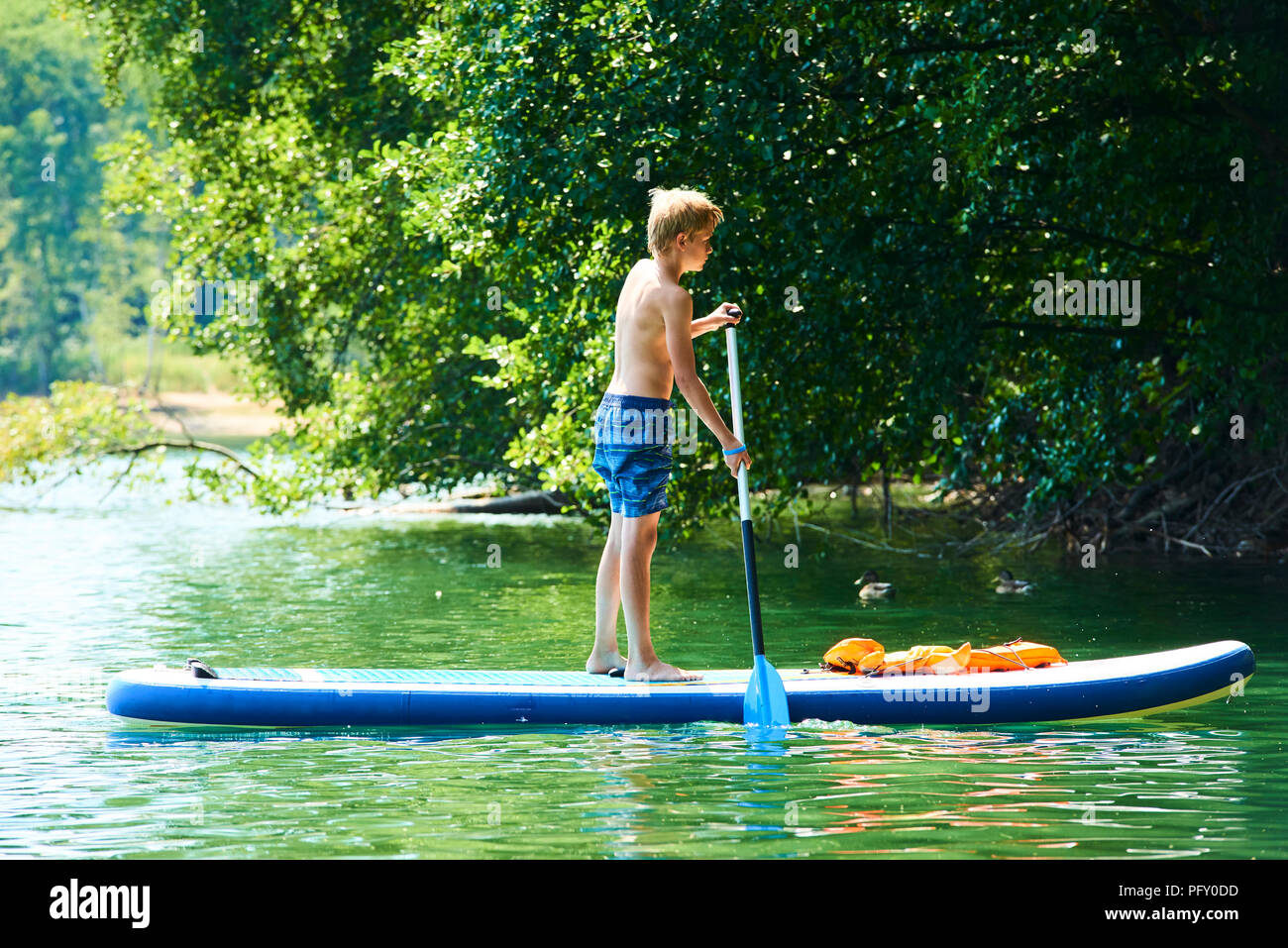 Paddle boarder. Child boy paddling on stand up paddleboard. Healthy