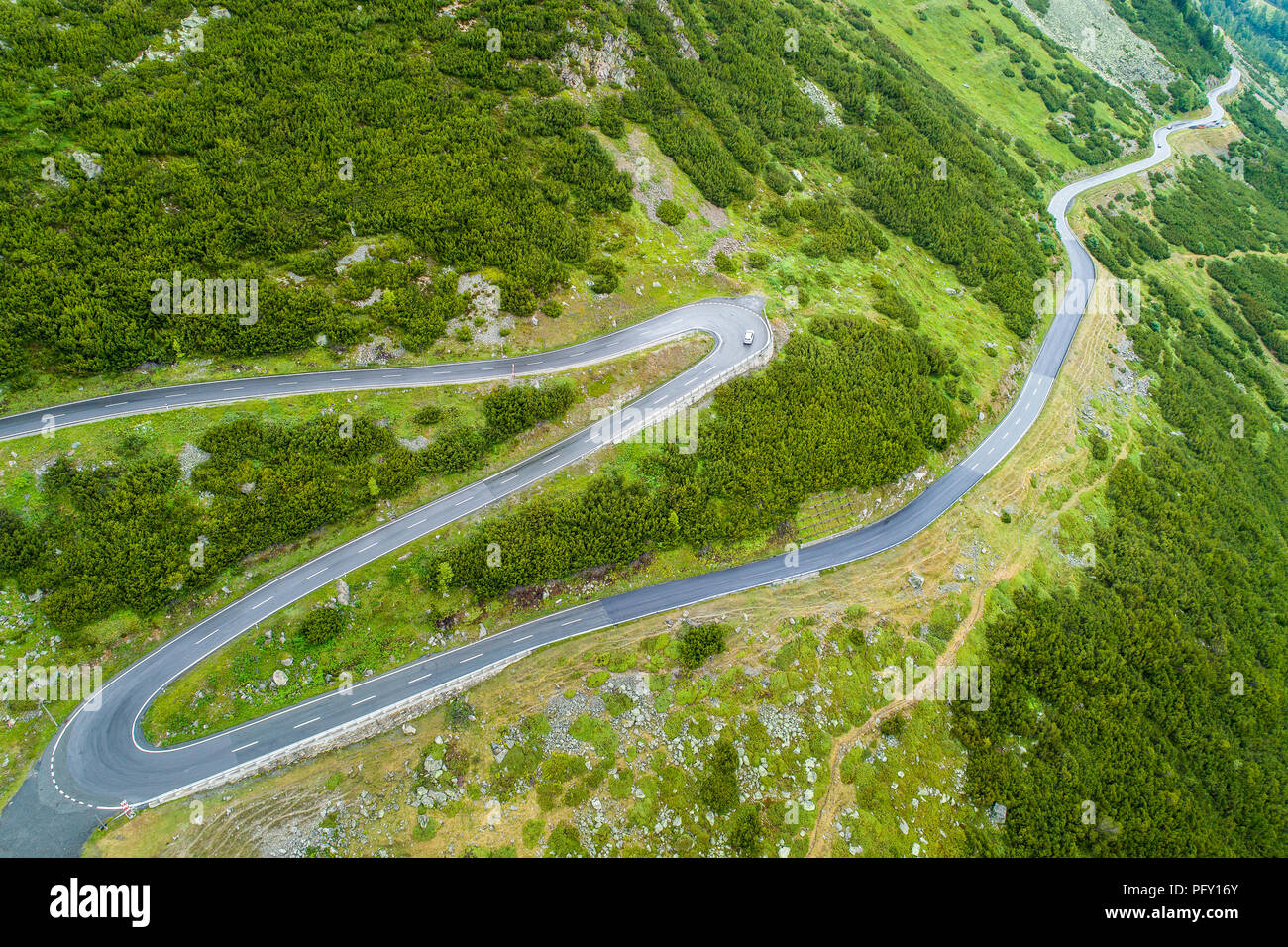 Aerial view, winding pass road Flüelapass, canton of Grisons, Switzerland Stock Photo