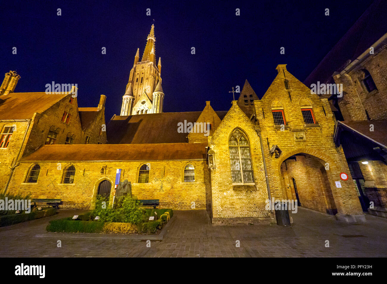 The historic buildings of the former hospital Saint John's Hospital (Site Oud Sint-Jan) by night -  Bruges, Belgium Stock Photo