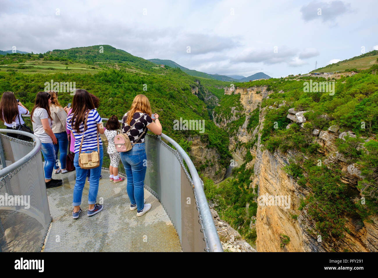 Female tourists on observation deck at Corovoda, Osum Canyon, Skrapar, Qark Berat, Albania Stock Photo