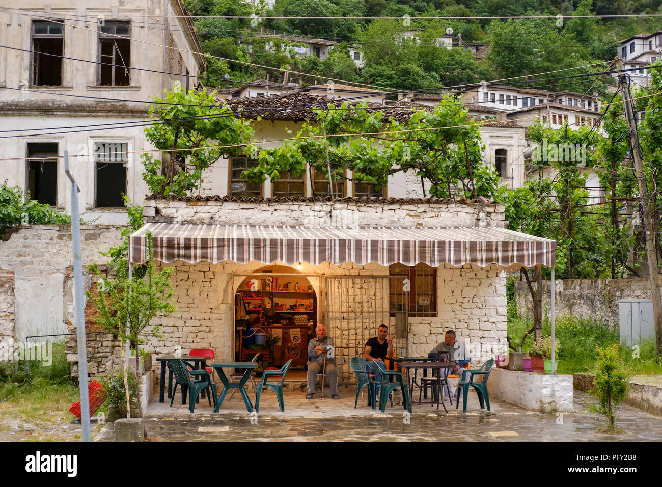 Junk shop with café, district Gorica, Berat, Qark Berat, Albania Stock Photo