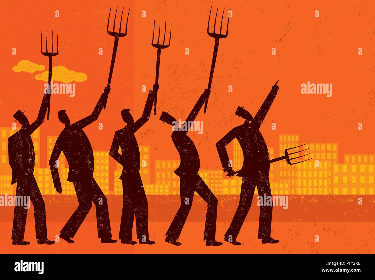 Angry businessmen protest and raise their pitchforks. Stock Vector