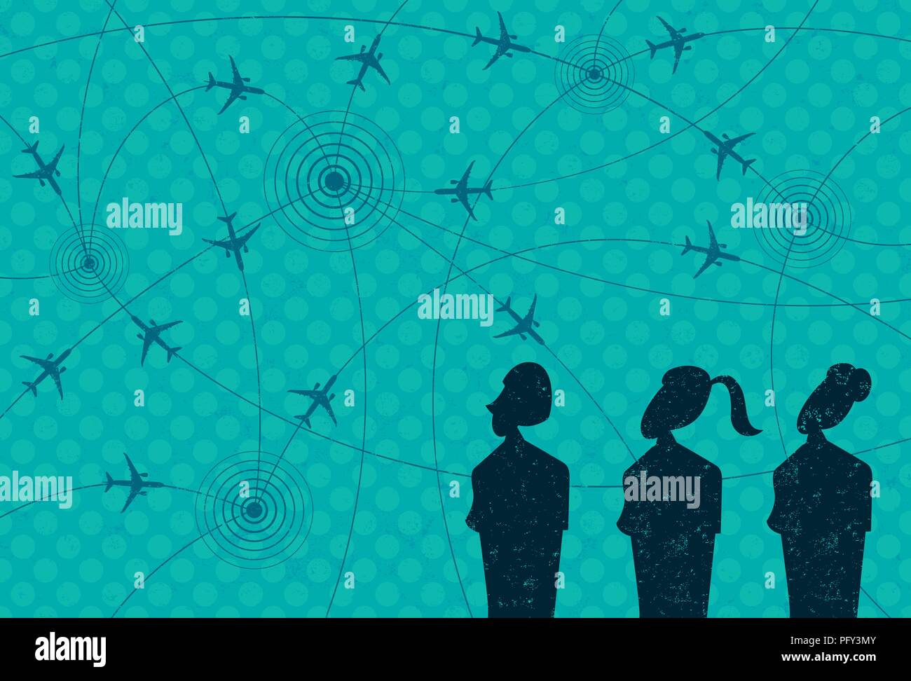 Business Travel. Businesswomen looking at airplane icons in flight paths from city to city. Stock Vector