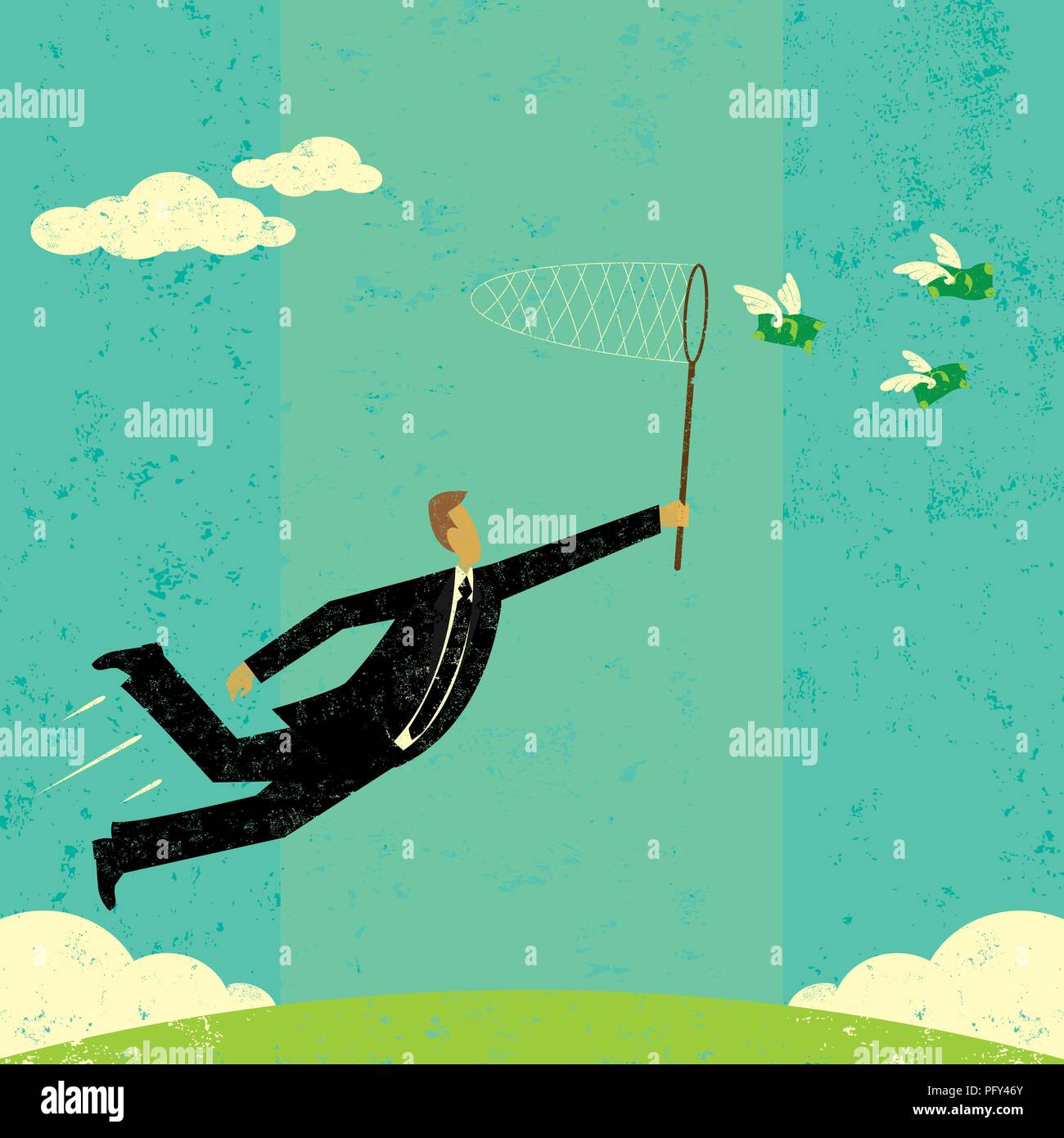 Chasing Dollars. A businessman chasing flying money with a butterfly net. Stock Vector