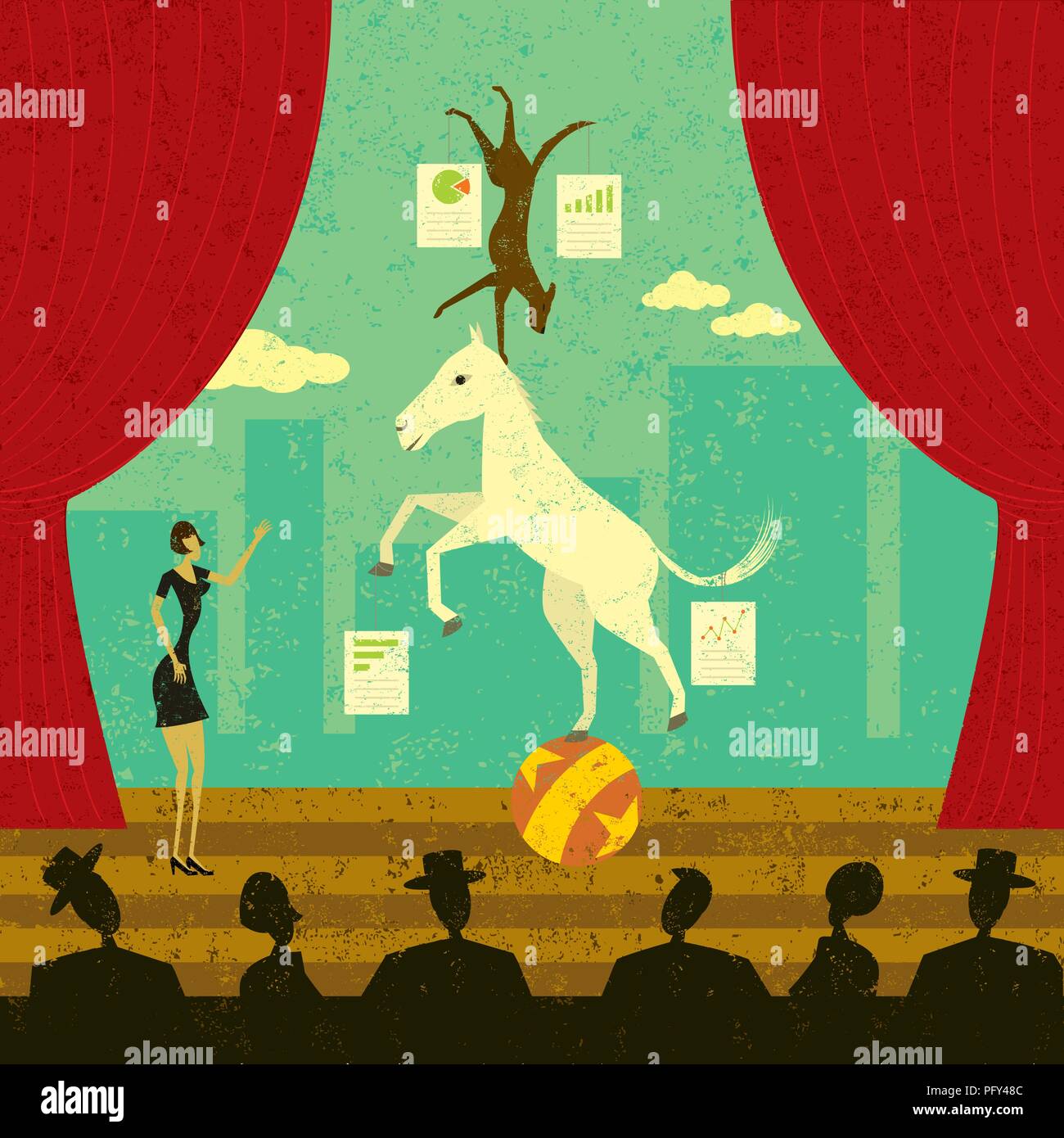Dog and Pony Show. A businesswoman presenting her dog and pony show to other business people. Stock Vector