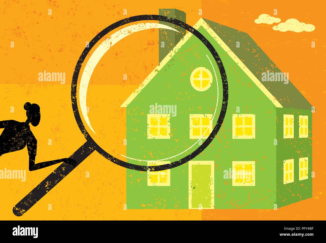 Finding a Home. A woman looking through a magnifying glass at a house. Stock Vector
