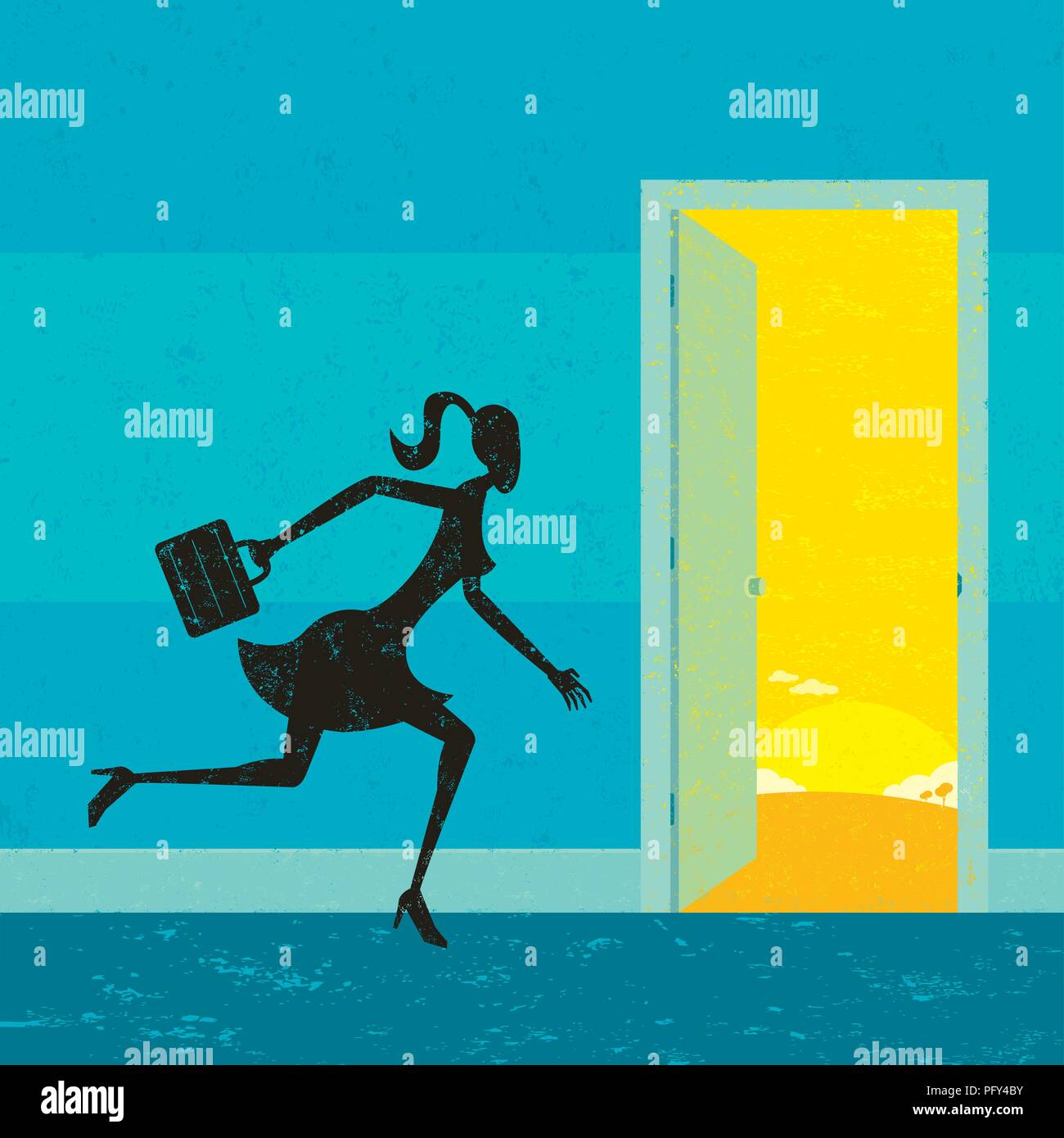 Finding New Opportunities. A businesswoman heading through a door to new opportunities. Stock Vector
