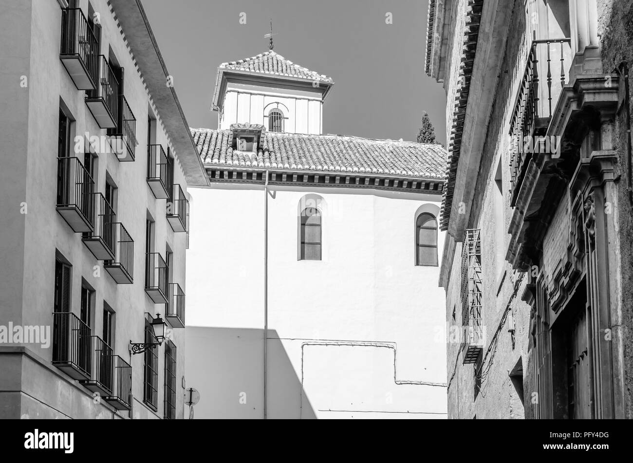 Church in Granada, Andalusia, southern Spain, black and white image Stock Photo