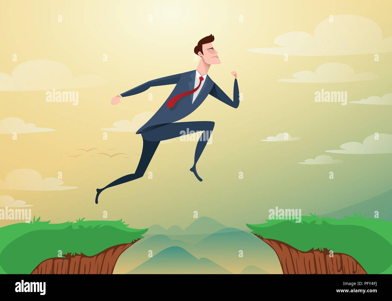 Businessman jump through the gap obstacles between hill to success. Running and jump over cliffs. Business risk and success concept. Cartoon Vector Illustration. Stock Vector