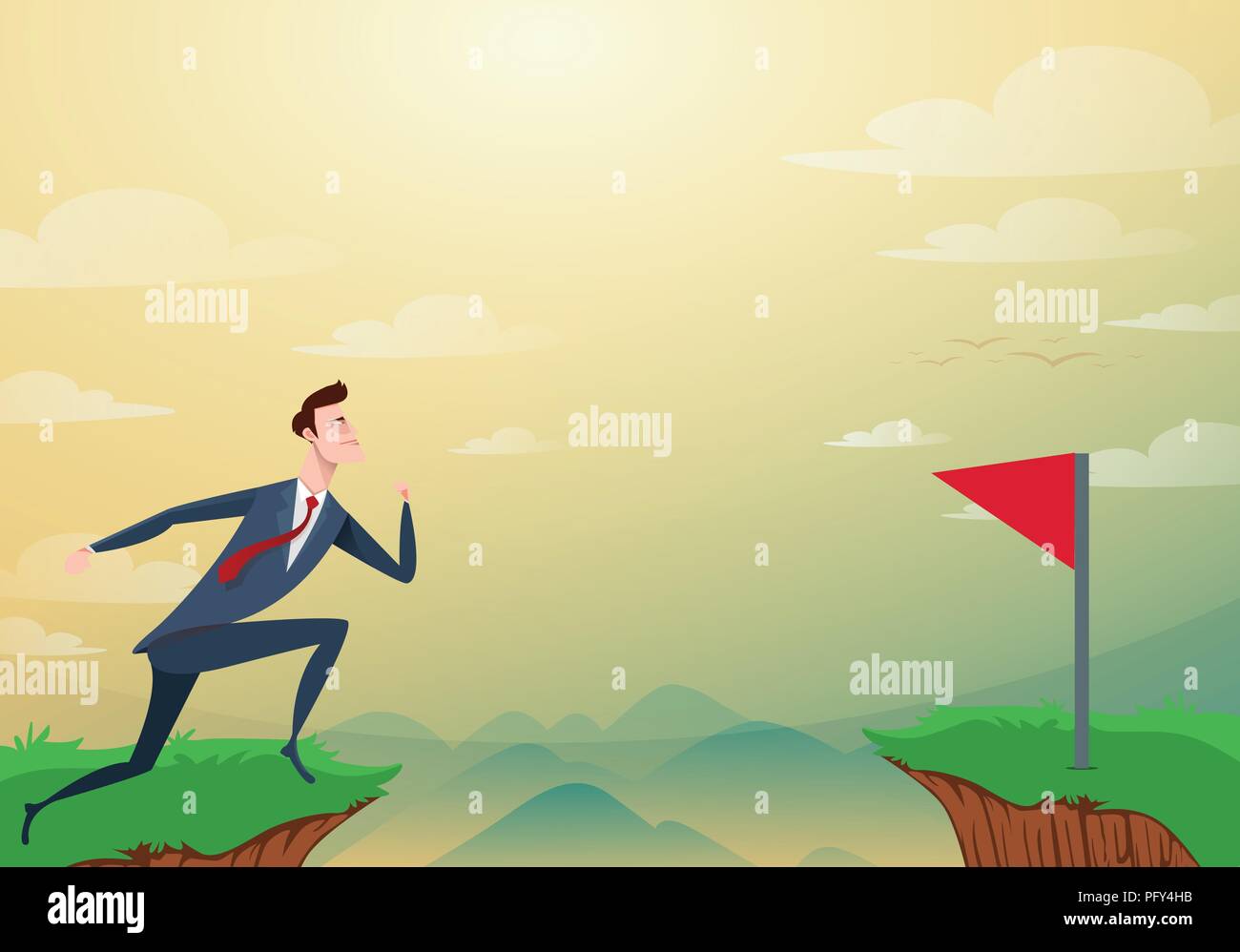 Businessman jump through the gap obstacles between hill to red flag and success. Running and jump over cliffs. Business risk and success concept. Cartoon Vector Illustration. Stock Vector