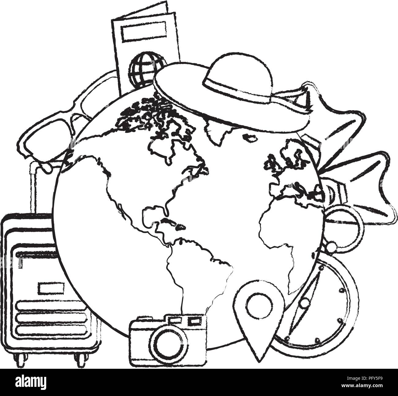 grunge global planet with journey travel objects Stock Vector Image ...