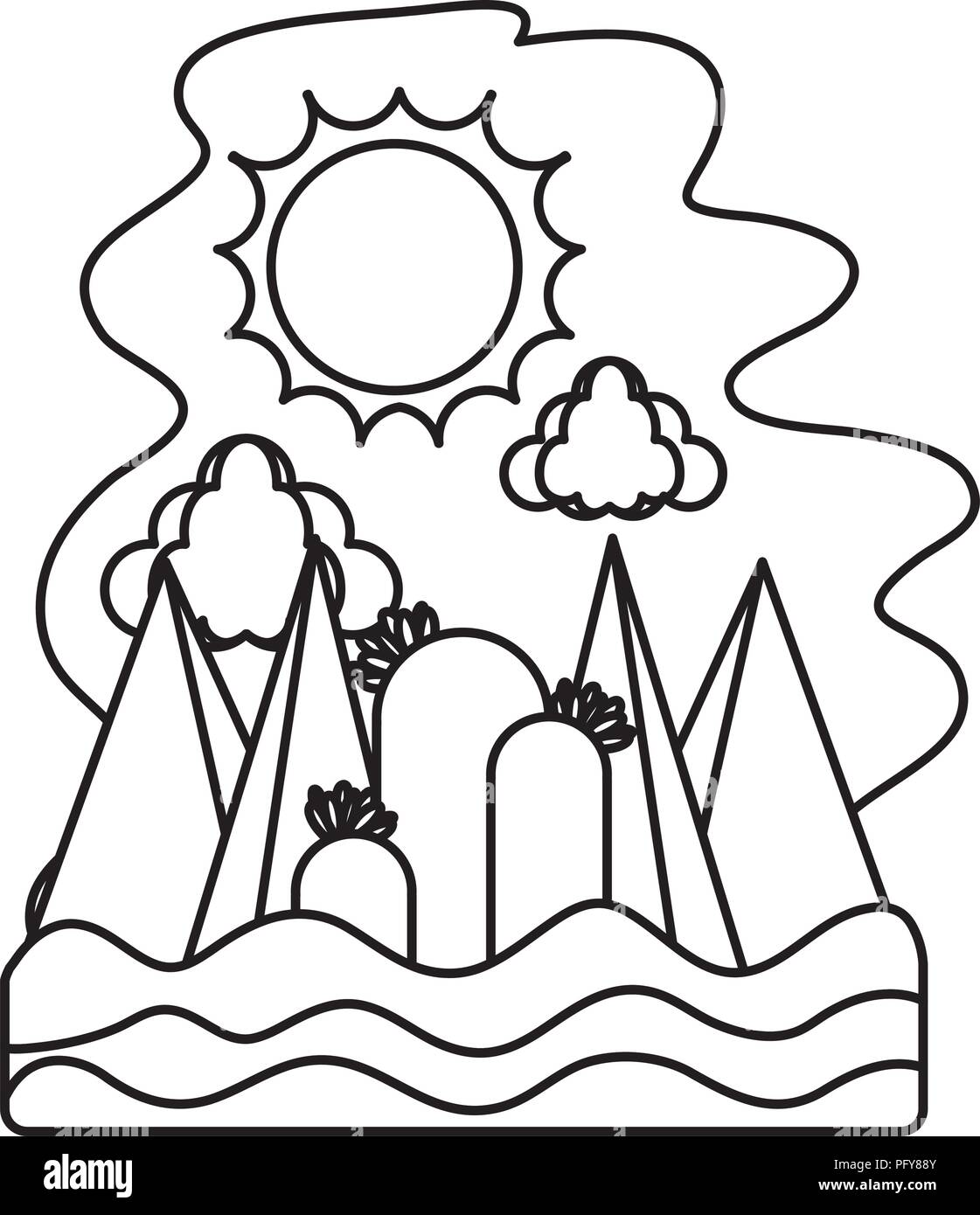 line nature sun with clouds and mountains landscape Stock Vector Image ...