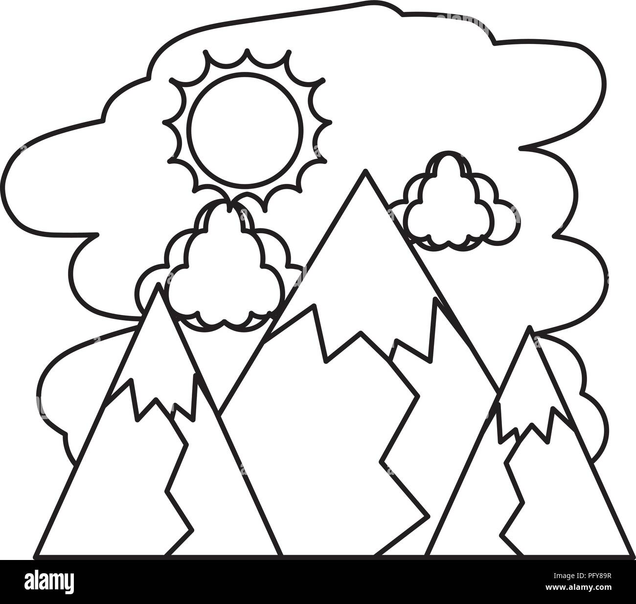 line nature mountains with sun and clouds landscape Stock Vector Image ...