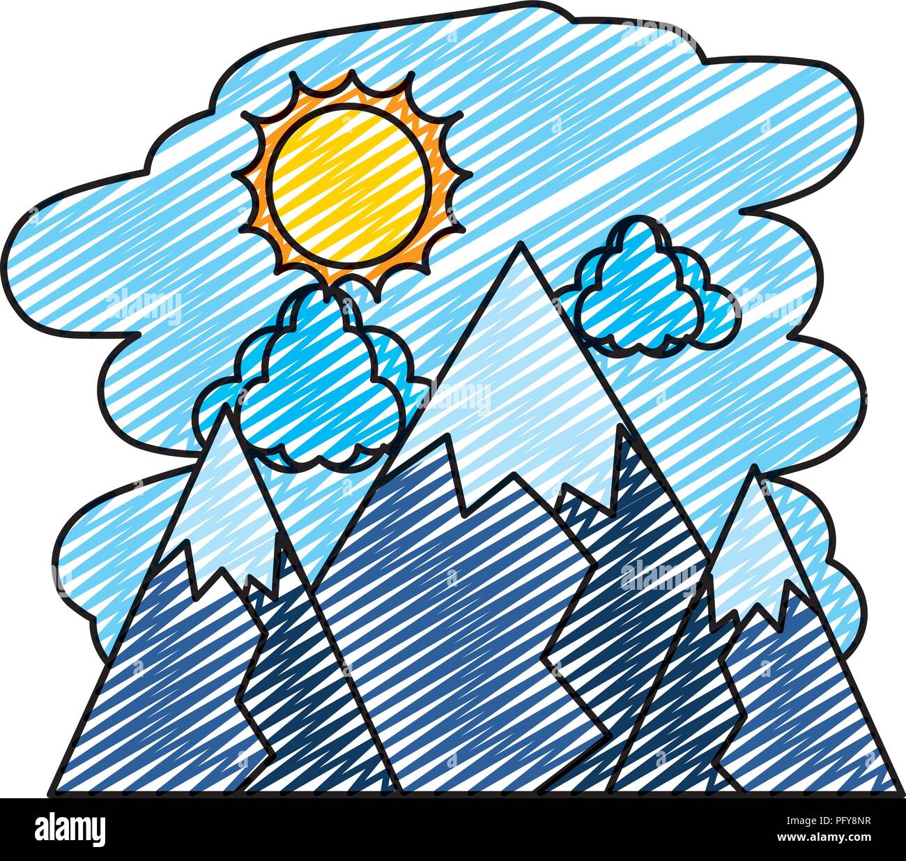 doodle nature mountains with sun and clouds landscape Stock Vector ...