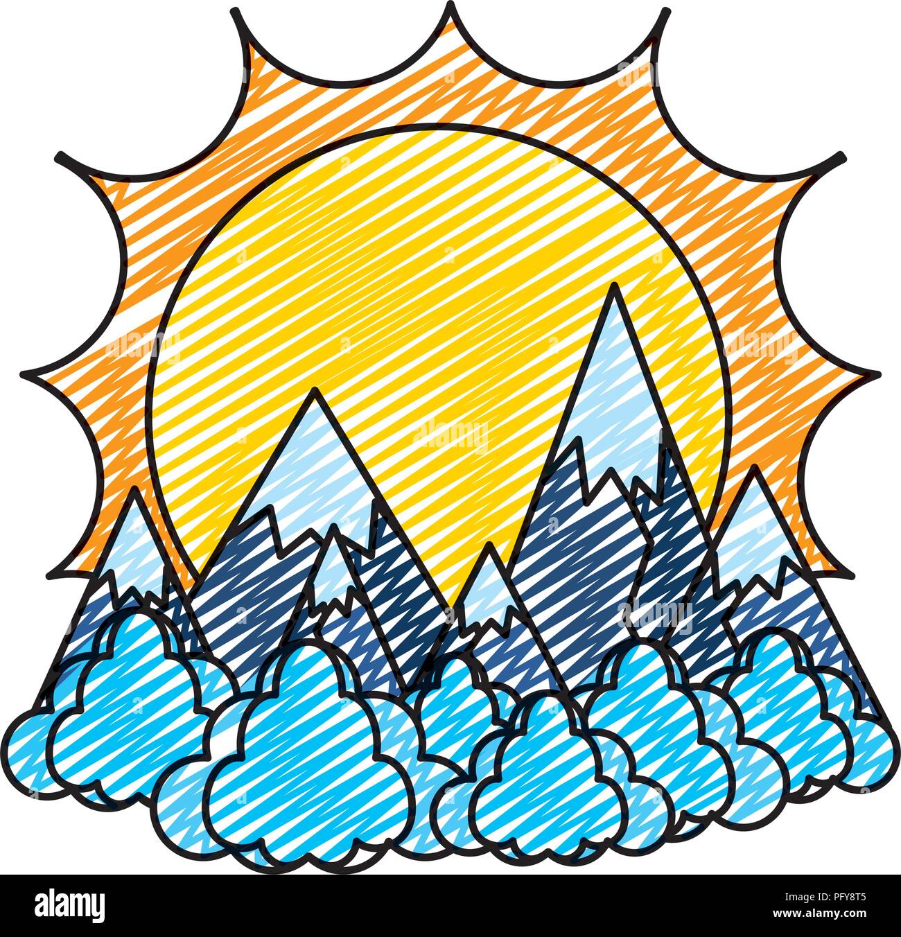 doodle sun with ice mountains and clouds landscape Stock Vector Image ...