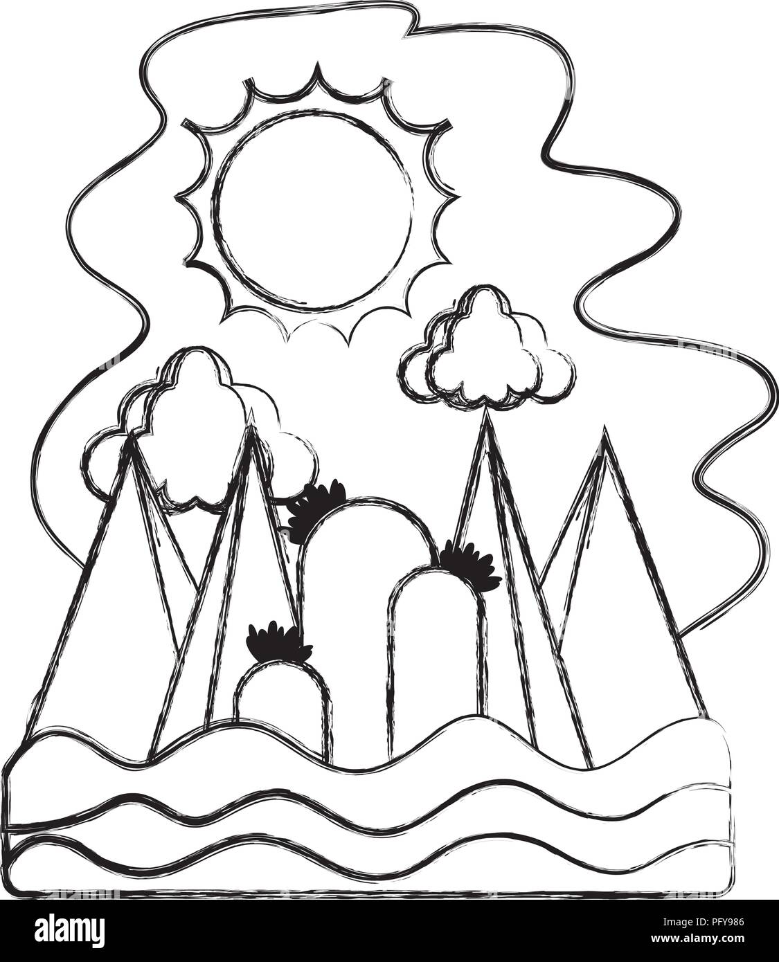 grunge nature sun with clouds and mountains landscape Stock Vector ...