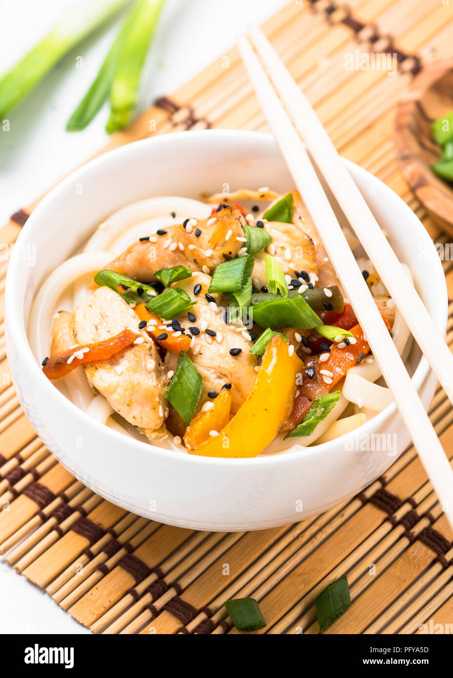 Udon stirfry noodles with chicken Stock Photo Alamy
