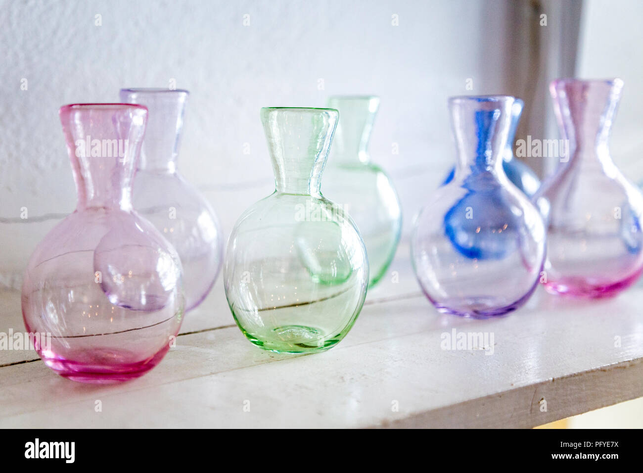 Pastel glass vases at a glass boutique in Fjaderholmarna, Stockholm archipelago, Sweden Stock Photo