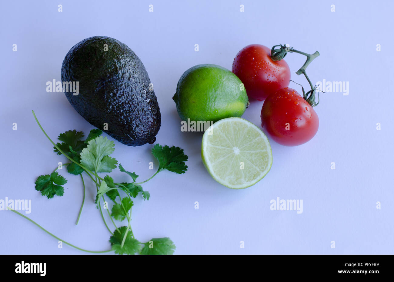 Avocado, lime cut in half, tomatoes on the vine and cilantro/koriander placed in a group on a white background Stock Photo