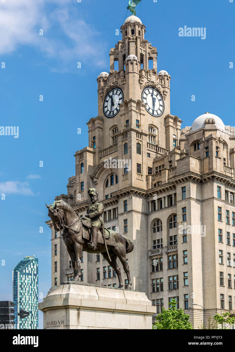 The Royal Liver Building rises above the Liverpool city skyline with it