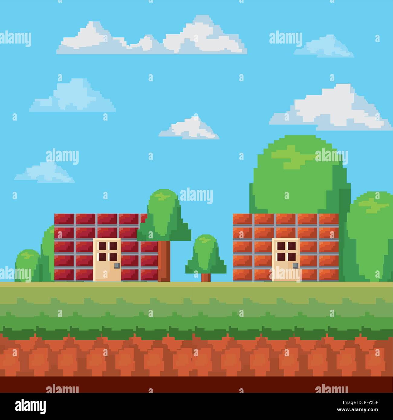 videogame interface with pixelated buildings and trees, colorful design ...