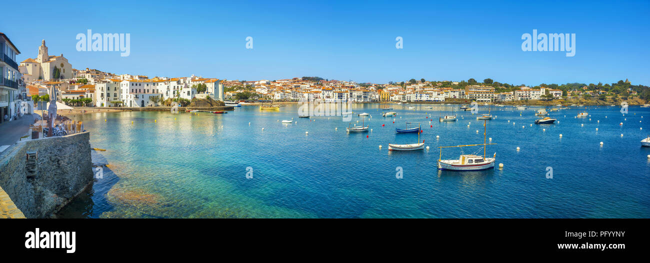 Panoramic view of Cadaques town on Mediterranean seaside, Costa Brava, Catalonia, Spain Stock Photo