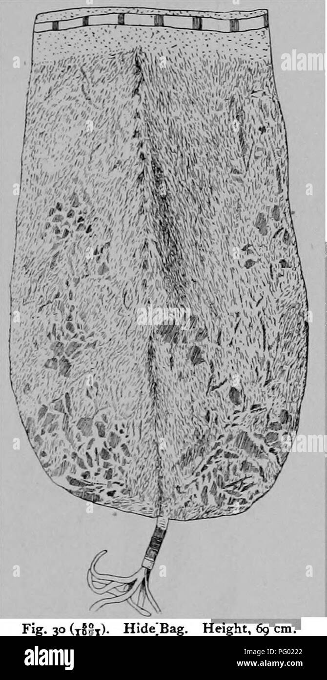 . The Arapaho. Arapaho Indians; Arapaho art; Symbolism in art; Picture-writing, Indian; Indians of North America; Indians of North America. 1902.] Kroeber, The Arapaho. lOI beaver. That shown in Fig. 30 is made of the skin of a buf- falo calf. Around the opening, a band of beadwork, with red squares in it, represents the camp-circle. Plum-pits attached to the bag near this beadwork represent burrs sticking in the hair of buffalo. At the lower end, a small beaded attachment represents the tail of a bufiEalo. Bags of soft pliable hide are used for keeping and transport- ing clothing and similar  Stock Photo