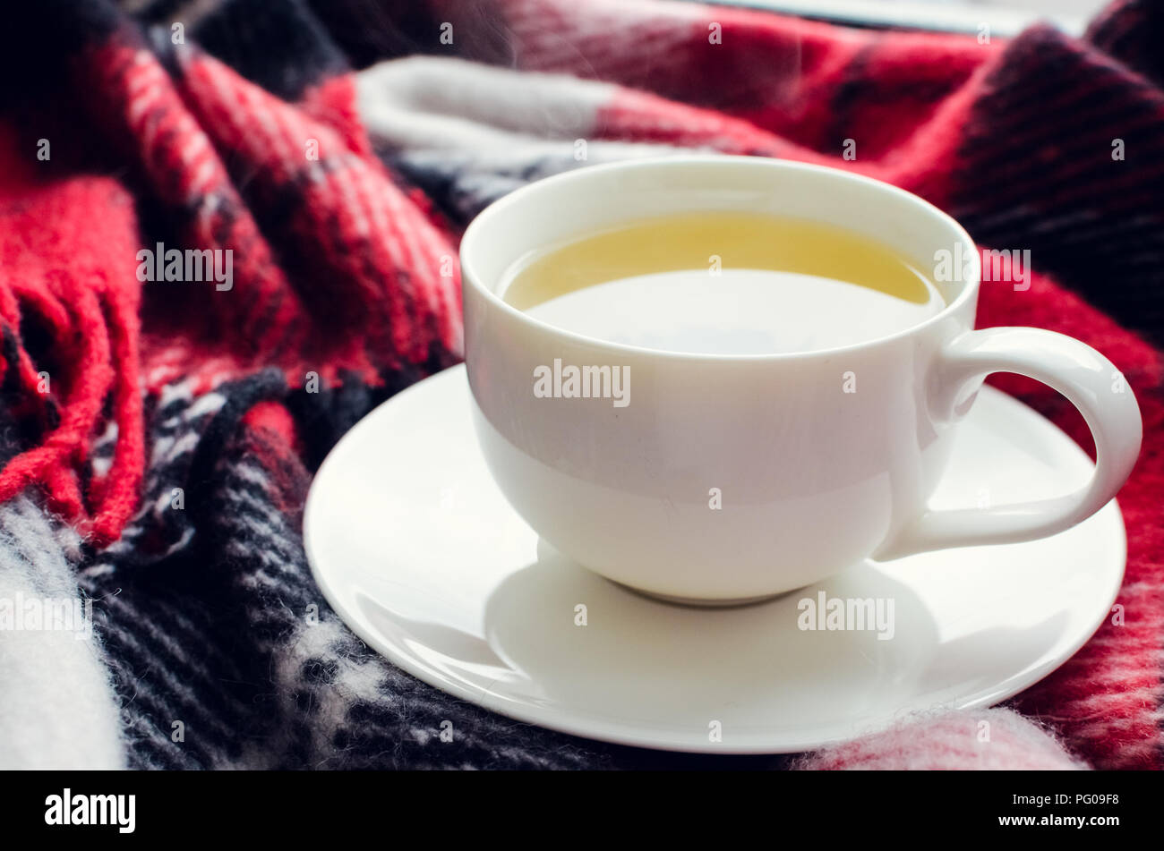 Cup of tea on red warm woolen blanket. Hot drink for cold rainy days