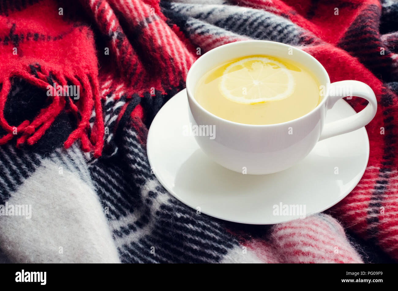 Cup of tea with lemon on red warm woolen blanket. Hot drink for cold