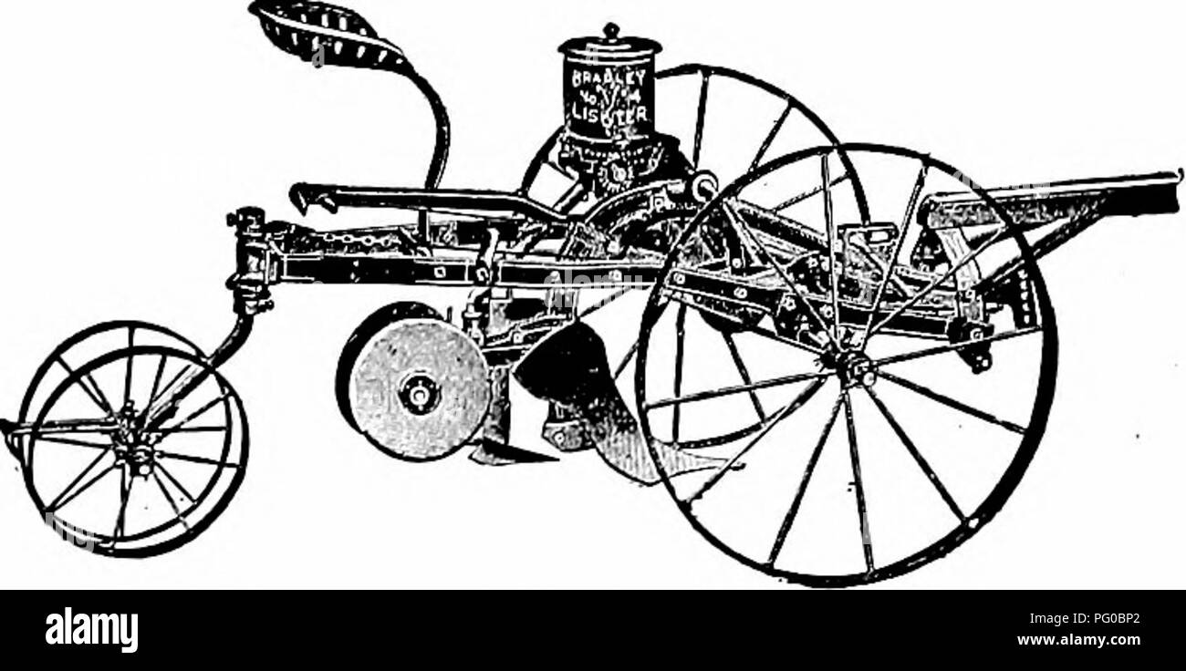 . Dry-farming : a system of agriculture for countries under a low rainfall . Dry farming. DRILLS FOR DRY-FARMING 319 chains dragging behind the drill and covering the furrow quite completely. It is, however, very de- FiG. 85. Drill seeder with press wheel attachment. sirable that the soil should be j^ressed carefully around the seed so that germination may begin with the. Fig. 86. Sulky lister for corn. least difficulty whenever the temperature condi- tions are right. Most of the drills of the day are,. Please note that these images are extracted from scanned page images that may have been dig Stock Photo