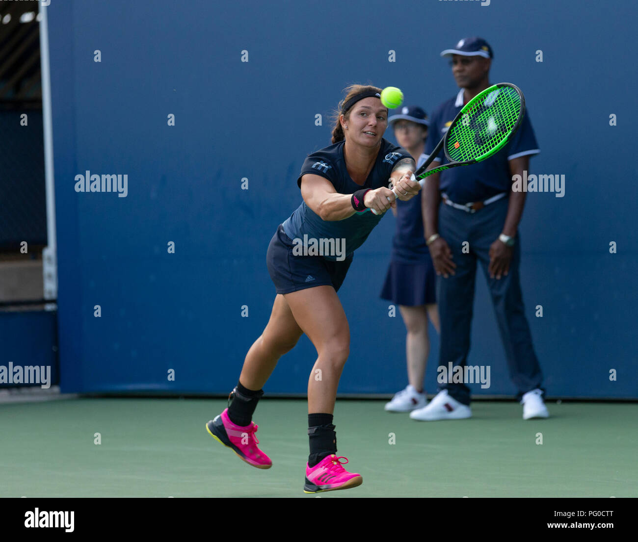 New York, United States. 21st Aug, 2018. Katerina Stewart of USA returns  ball during qualifying day 1 against Varvara Lepchenko of USA at US Open  Tennis championship at USTA Billie Jean King