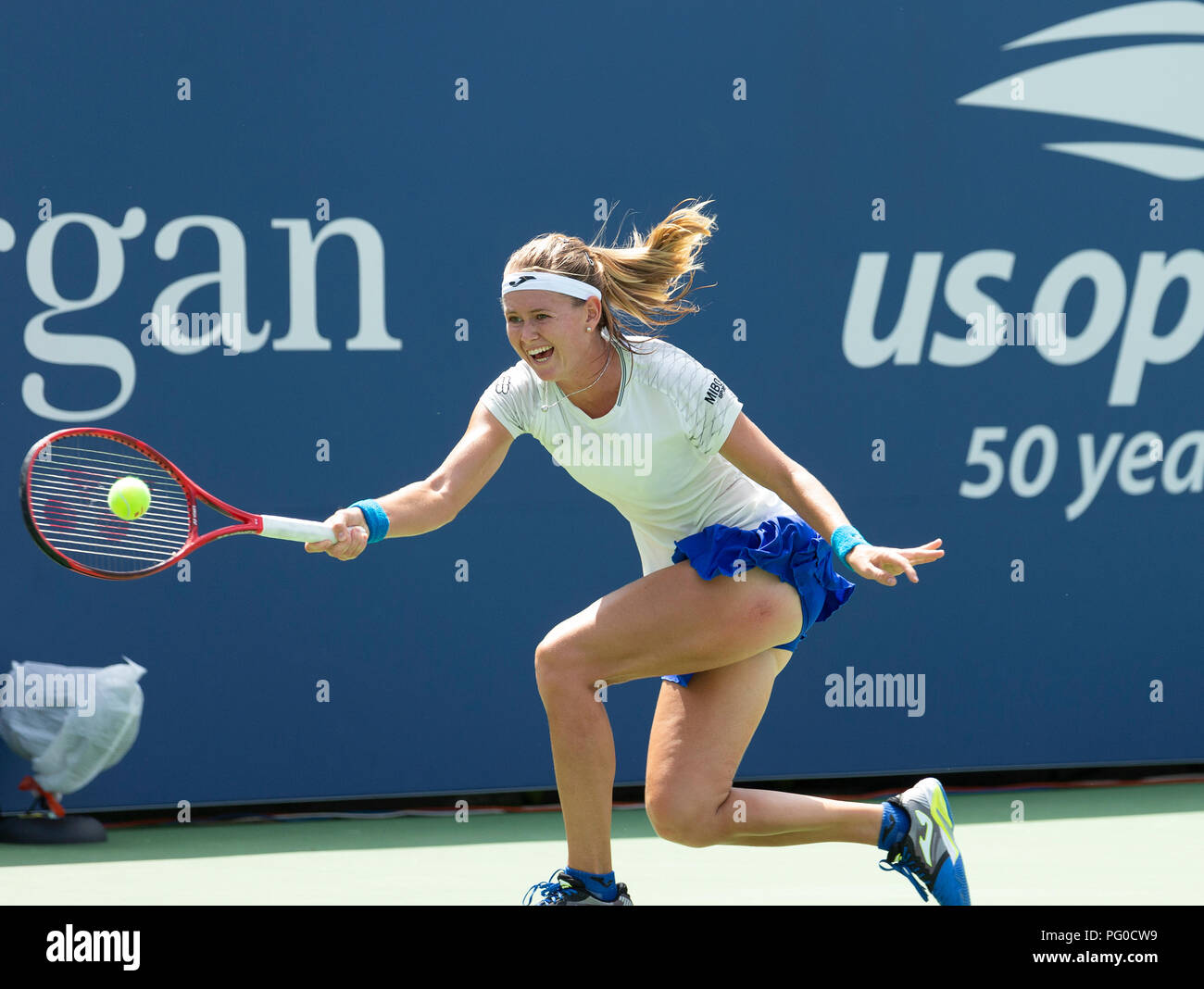 New York, United States. 21st Aug, 2018. Marie Bouzkova of Czech Republic  returns ball during qualifying day 1 against Ann Li of USA at US Open Tennis  championship at USTA Billie Jean