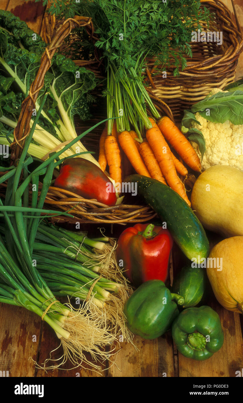 HARVESTED ASSORTED FRESH VEGETABLES ON WOODEN TABLE (SPRING ONIONS, CAULIFLOWER, CARROTS, RED CAPSICUMS, CUCUMBER AND SPINACH. Stock Photo