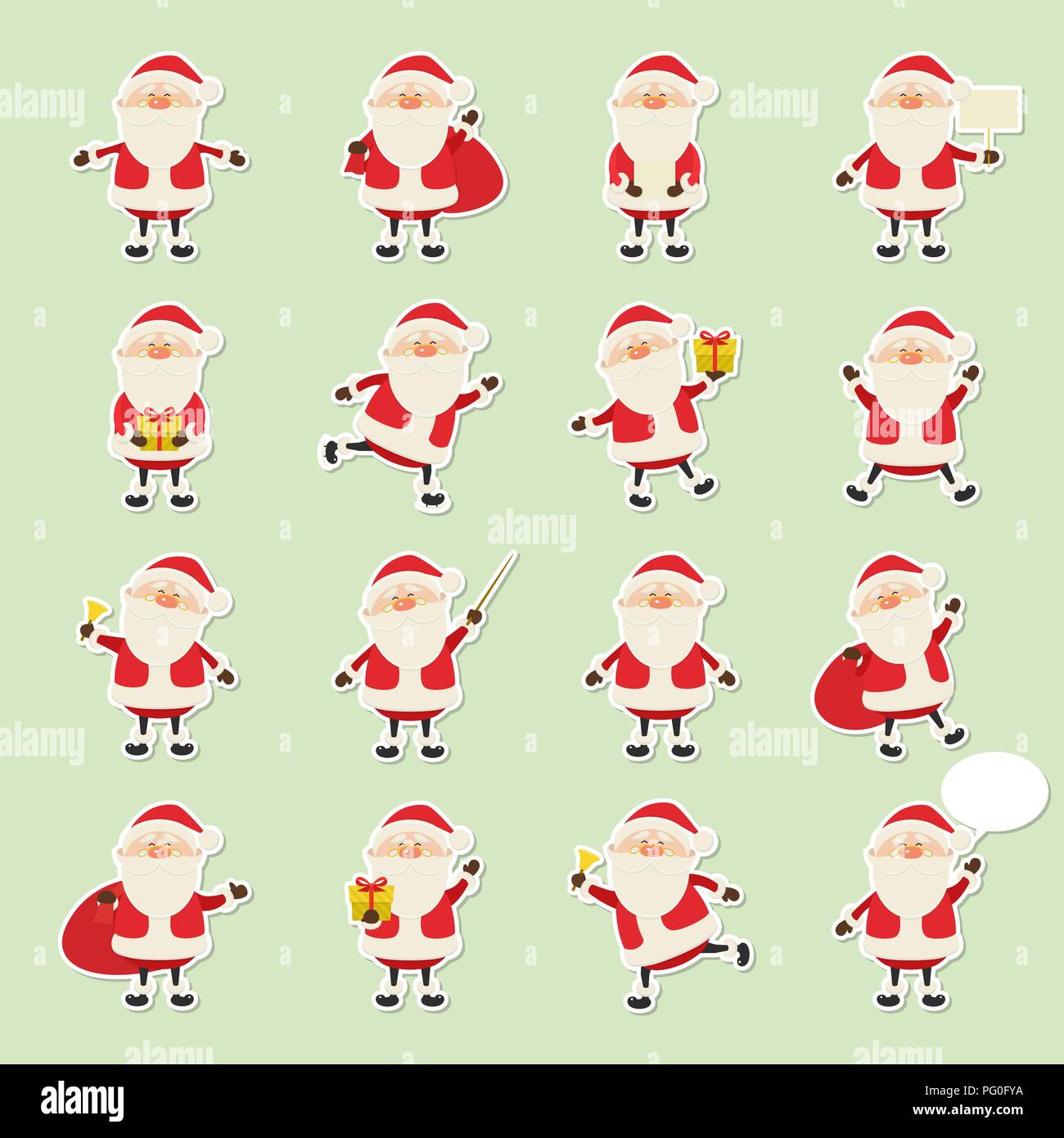 Cute vector Santa Claus paper sticker icon set in flat style, christmas collection, xmas and New year 2019 character in different poses. Funny Santa with different emotions. Design template for graphics Stock Vector