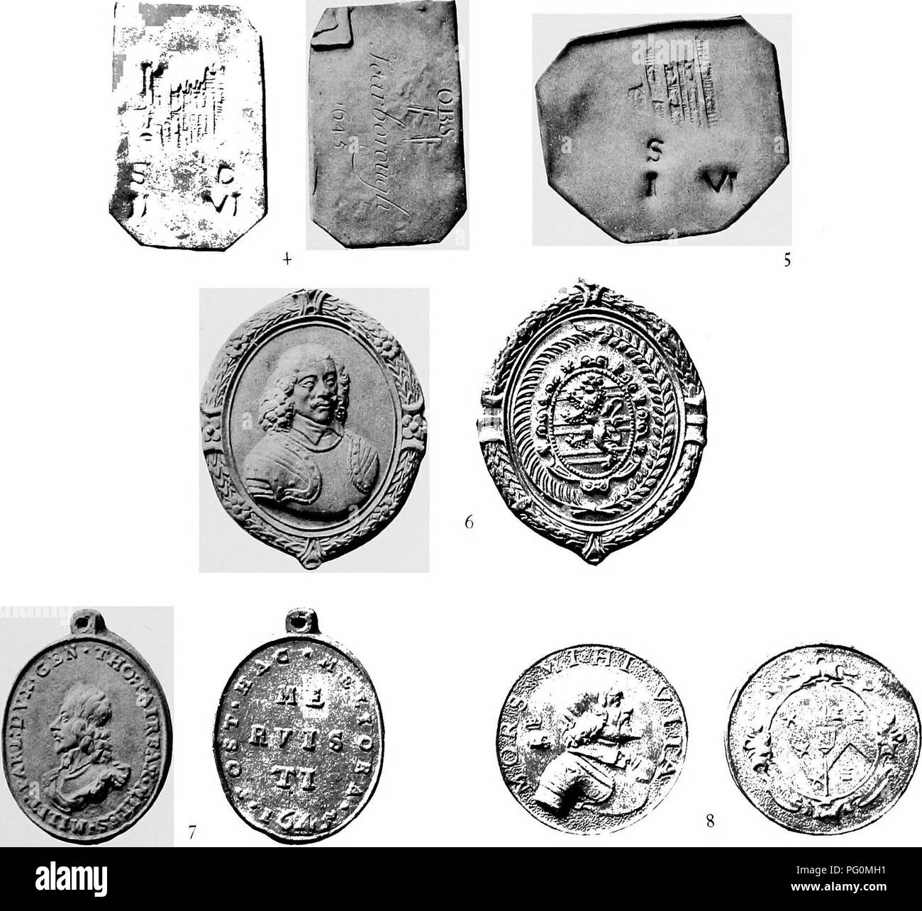 . The Victoria history of the county of York;. Natural history. Siege Money and Medals 1-3 Money coined during the siege of Pontefract Castle ; the type No. 3 being struck in the name of Charles II. 4 and 5 Pieces of plate stamped to pass as money at Scarborough, 6 Medal of Ferdinand, Lord Fairfax. 7 Medal of Sir Thomas Fairfax, to commemorate Murston Moor. 8 Medal atrjck in memory of Sir John Hotham.. Please note that these images are extracted from scanned page images that may have been digitally enhanced for readability - coloration and appearance of these illustrations may not perfectly re Stock Photo