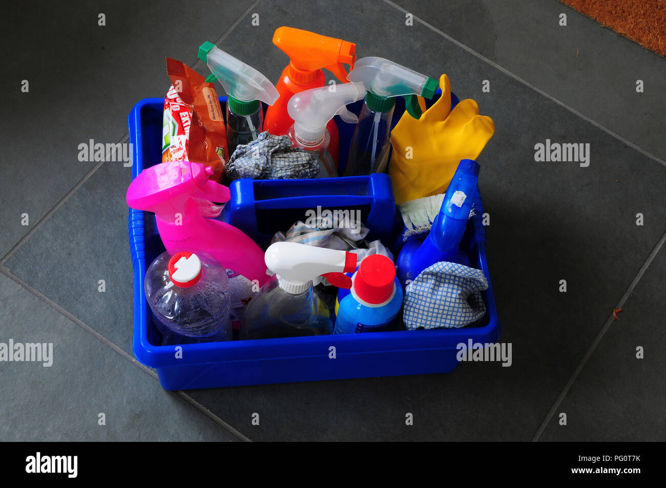 Tray of cleaning materials Stock Photo