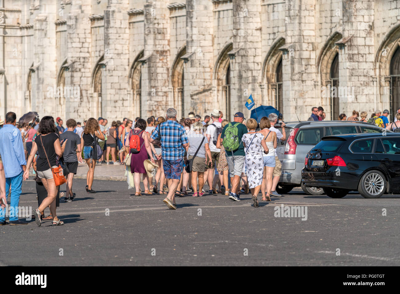 Crowd of people at entrance of Hieronymites Monastery or Mosteiro dos Jeronimos, Lisbon, Belem district Stock Photo