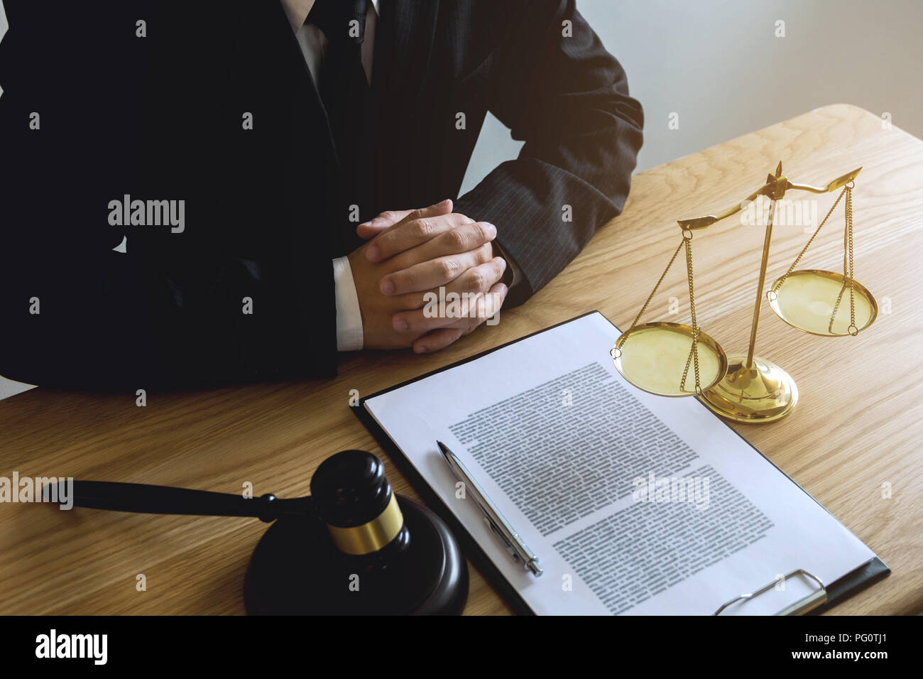 Lawyer working on the table in office. consultant lawyer, attorney, court judge, concept. Stock Photo