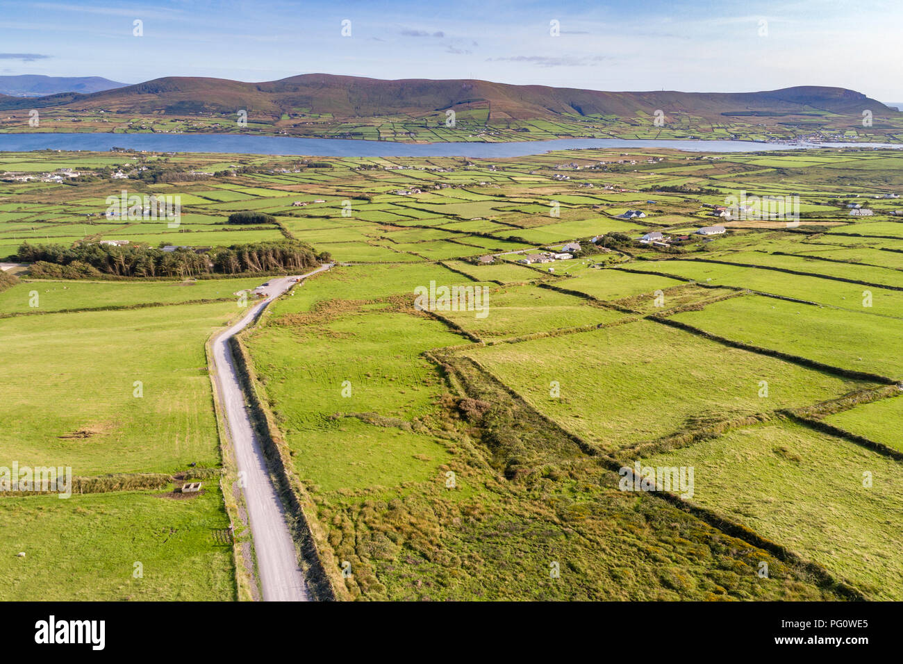 Aerial drone image of Valentia Island, on the Skellig Ring, County Kerry , Ireland Stock Photo