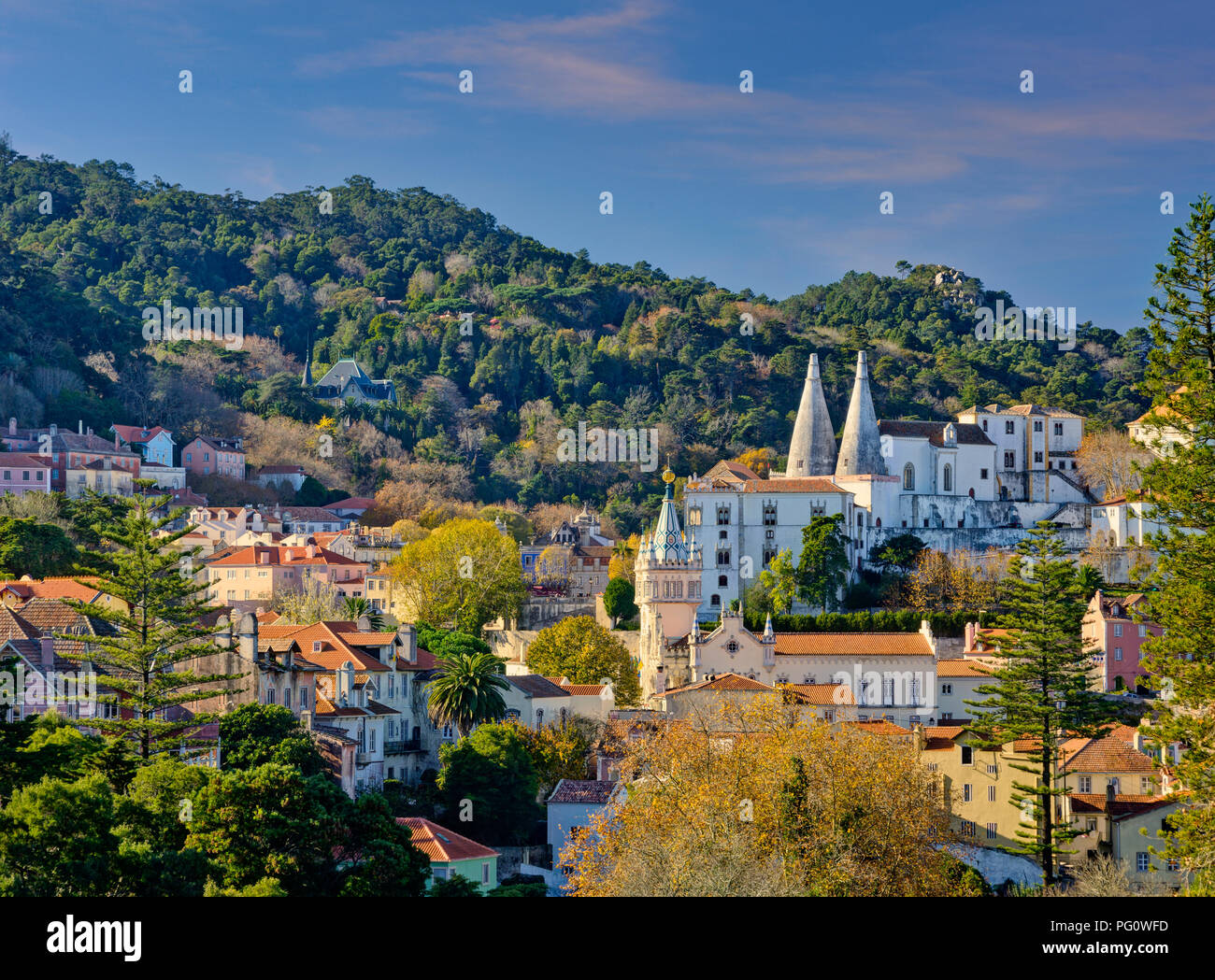 Portugal, the Lisbon Coast, Sintra, general view with the Royal Palace and the town hall building Stock Photo