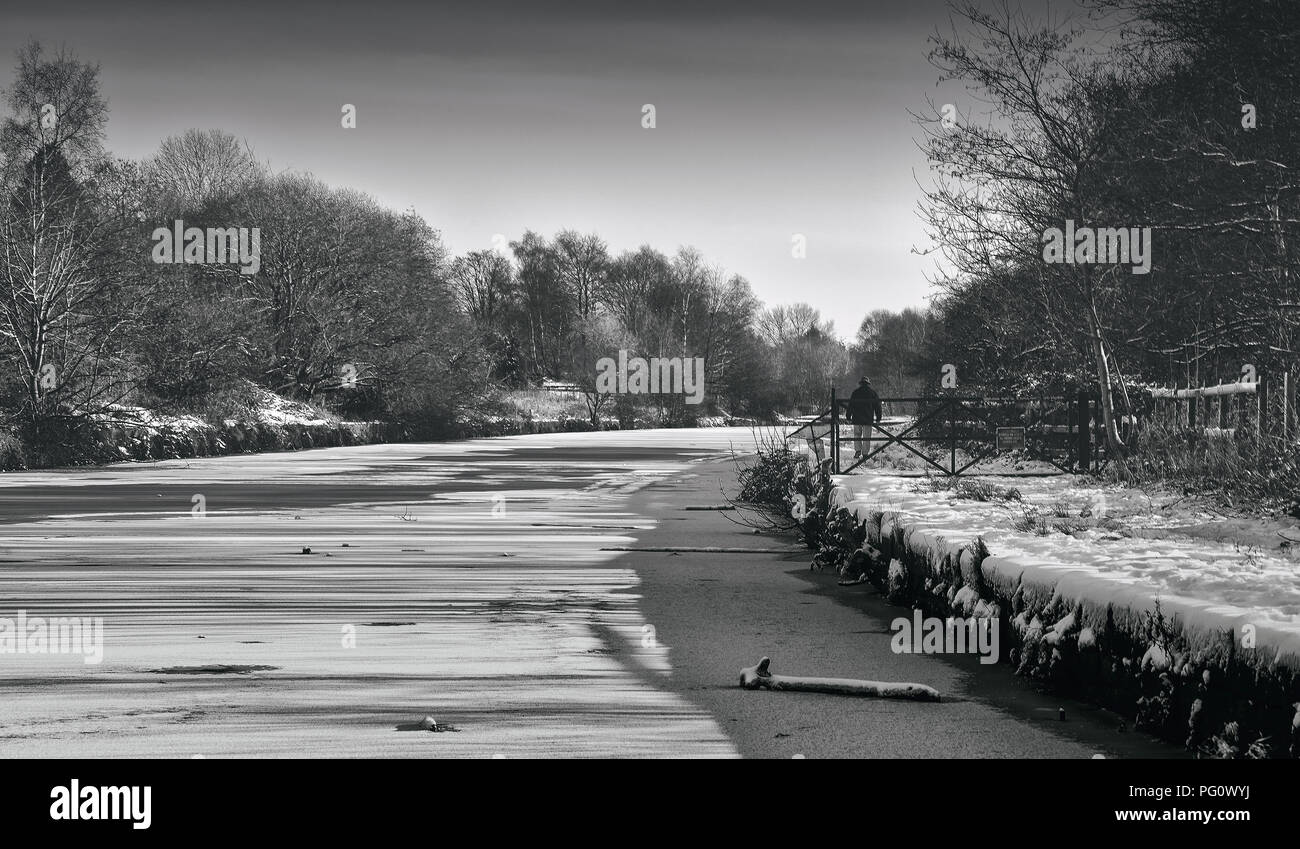 Snow and Ice covered Canal Black and white Stock Photo