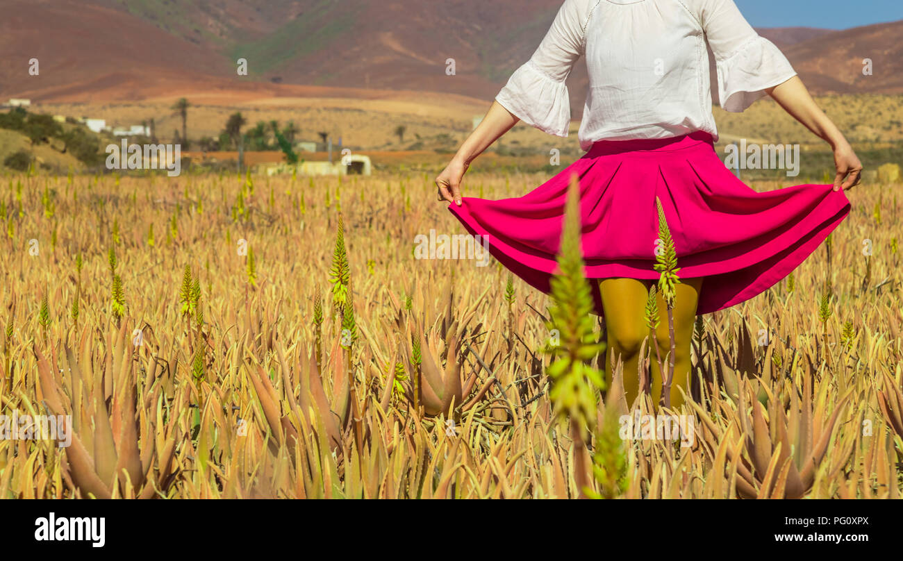 Young woman with traditional clothes in aloe vera field in Fuerteventura, Canary Islands, Spain. Stock Photo
