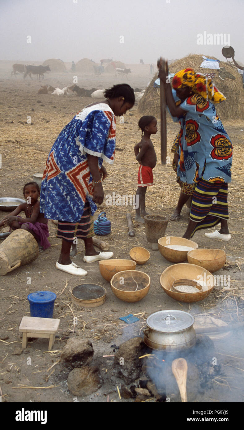 Women pounding millet in a Fulani encampment in Mopti, Mali                FOR EDITORIAL USE ONLY Stock Photo