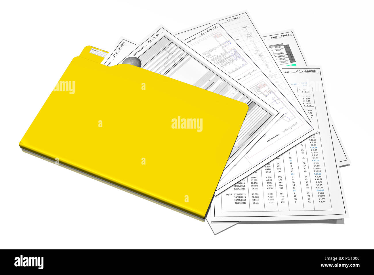 Office, document storage and organization with computers. Yellow folder with various documents. Stock Photo