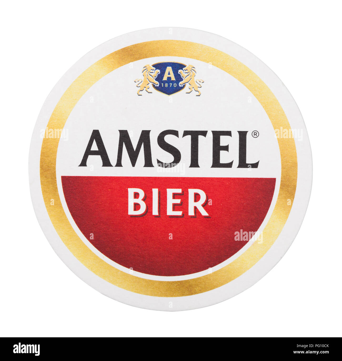 LONDON, UK - AUGUST 22, 2018: Amstel Lager paper beer beermat coaster isolated on white background. Stock Photo