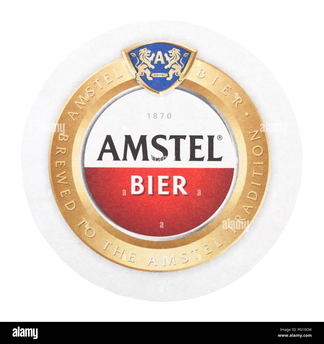 LONDON, UK - AUGUST 22, 2018: Amstel Lager paper beer beermat coaster isolated on white background. Stock Photo