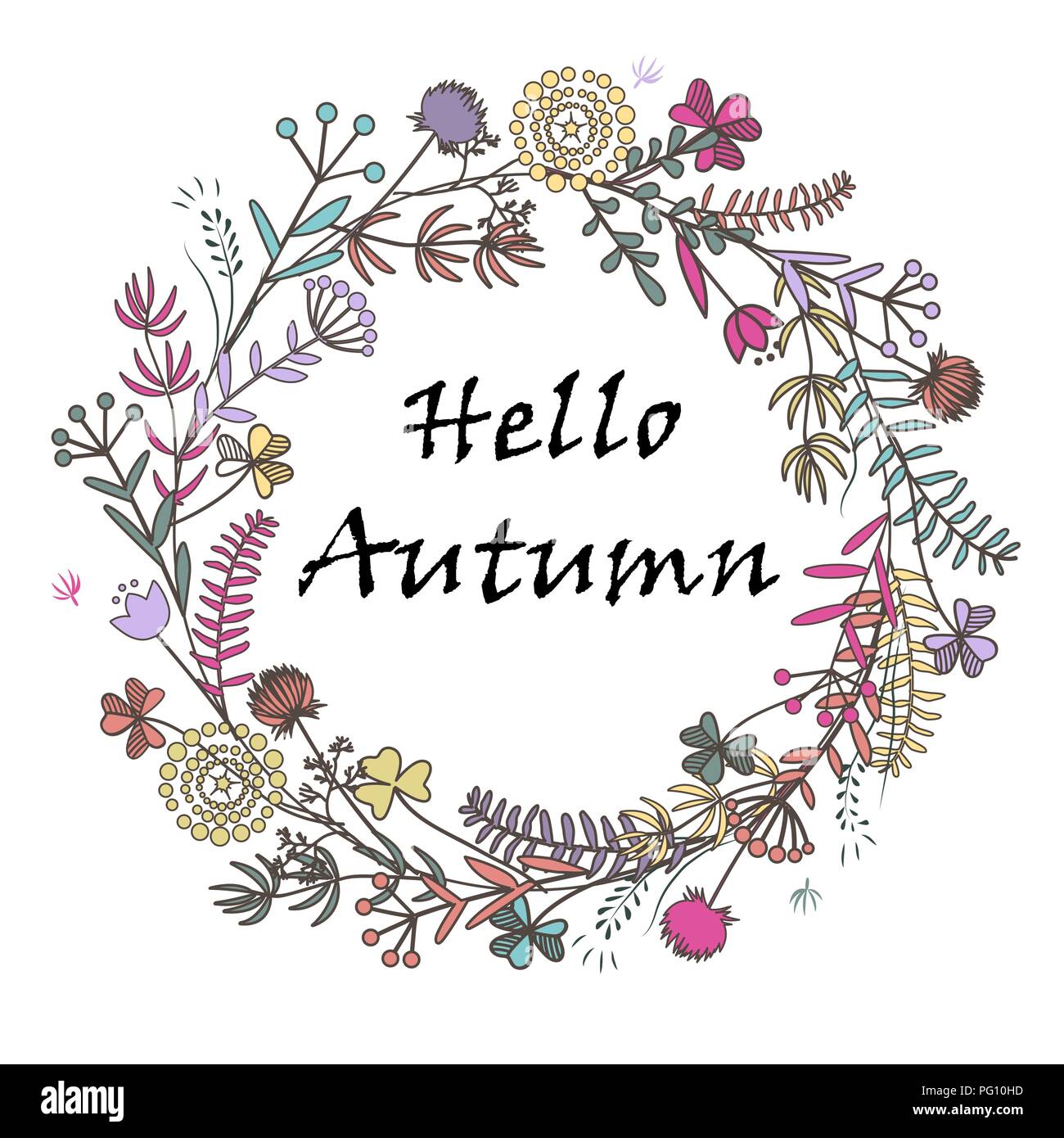 Hello Autumn hand drawn wreath with doodle meadow herbs. Frame background for sale announcement, cosmetic packaging, greeting cards, and banners desig Stock Vector