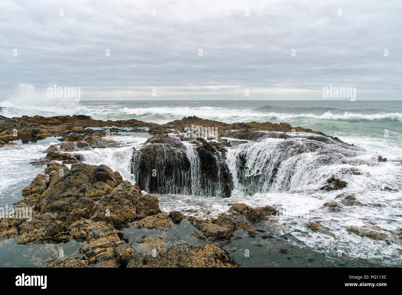 The Thor's Well on the rocky basaltic headlands of Cape Perpetua Scenic Area, Yachats, Oregon Coast, US route 101, USA. Stock Photo