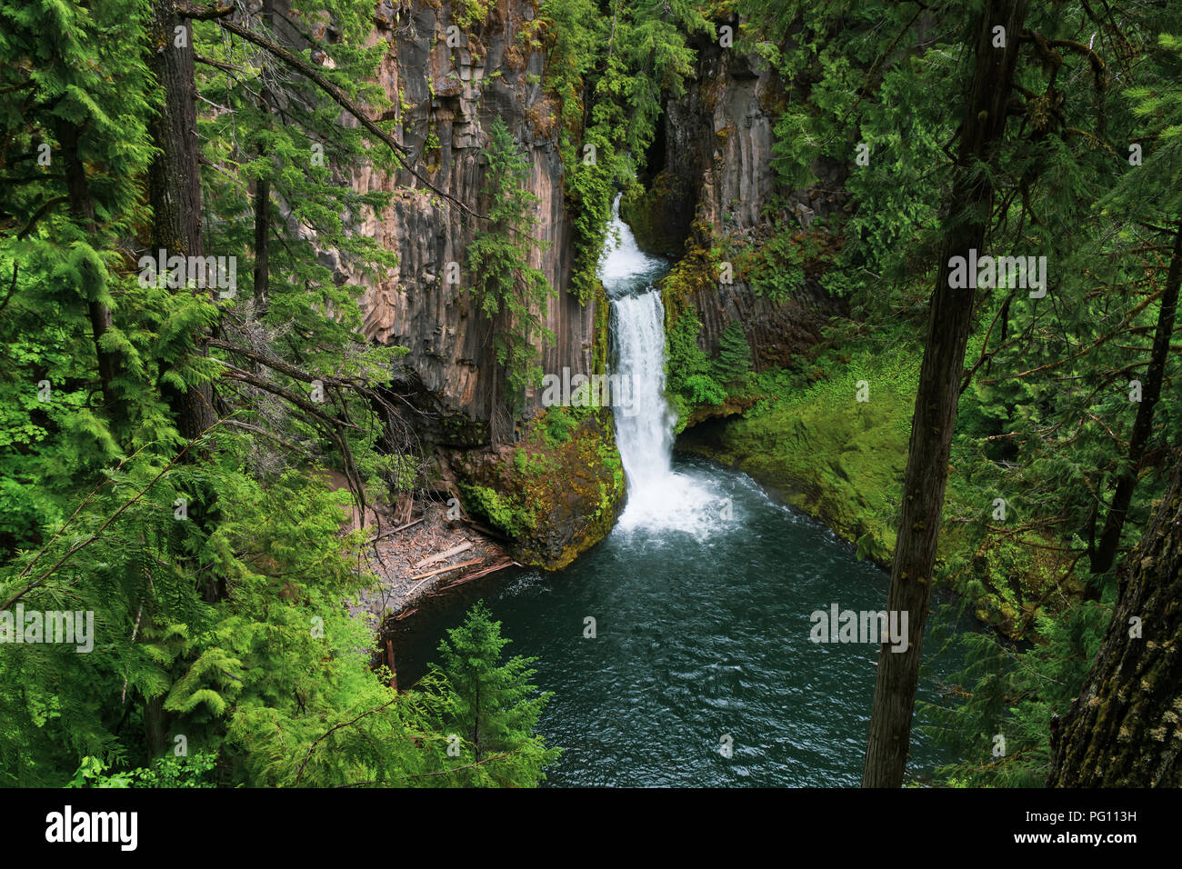 Overlooking view of the Toketee Falls in the North Umpqua National Forest, Oregon, USA. Stock Photo