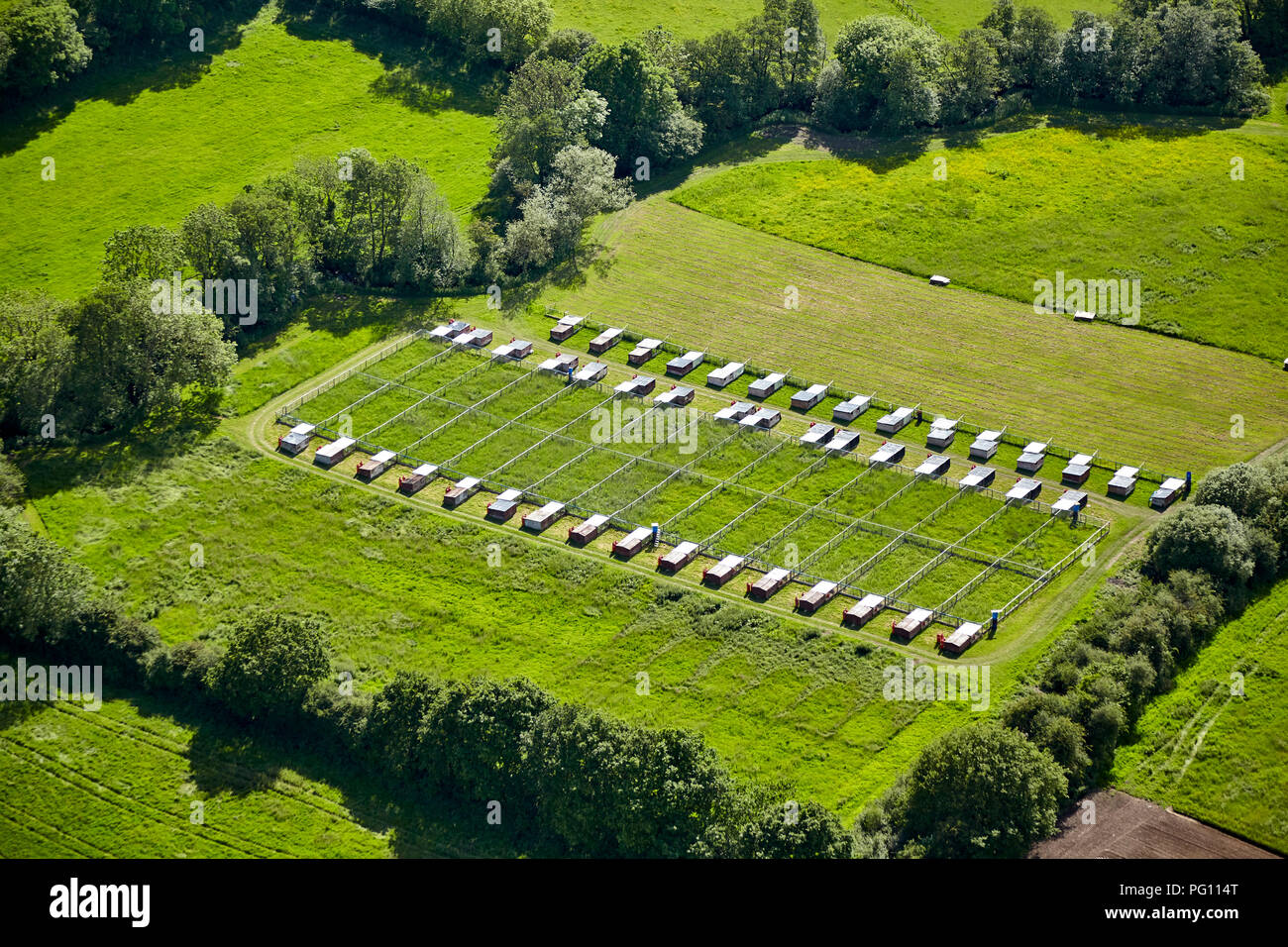 Aerial view of pheasant pens raising poults for shooting Stock Photo